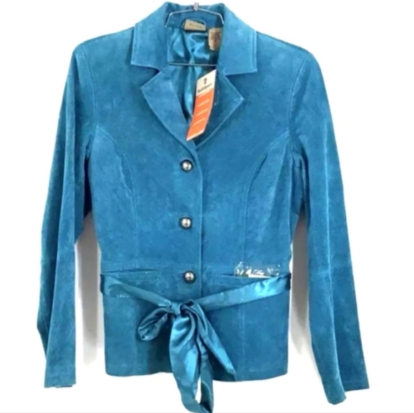 NWT RUFF HEWN WOMENS BLUE LEATHER TIE WASTE JACKET - Picture 8 of 8